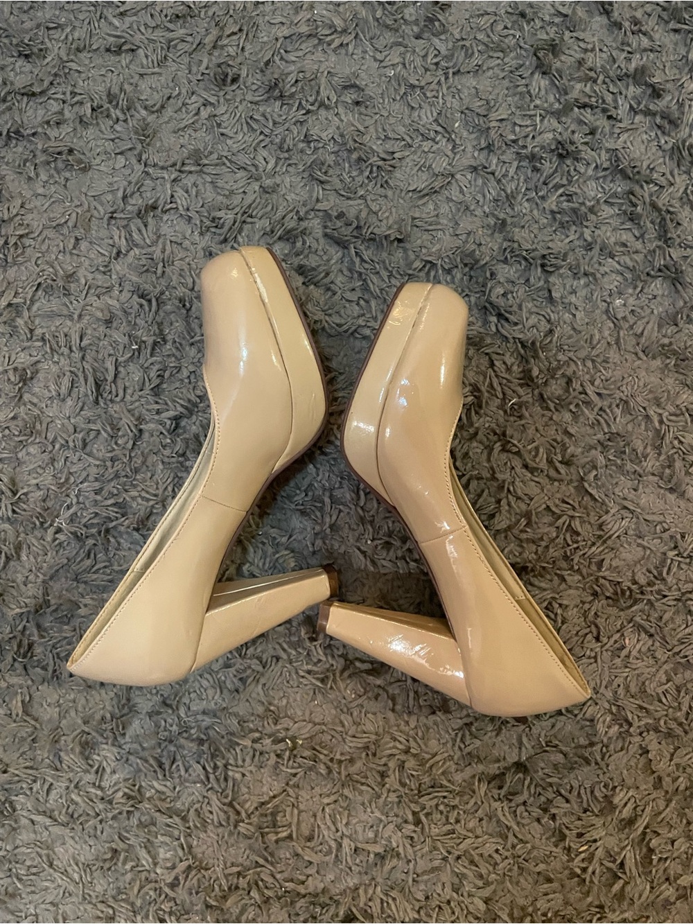 Pierre Dumas Nude Patent Platform Block Heel Pumps